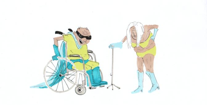 Two retired superheroes — one in a wheelchair, one stretching with a cane — in yellow and teal costumes.